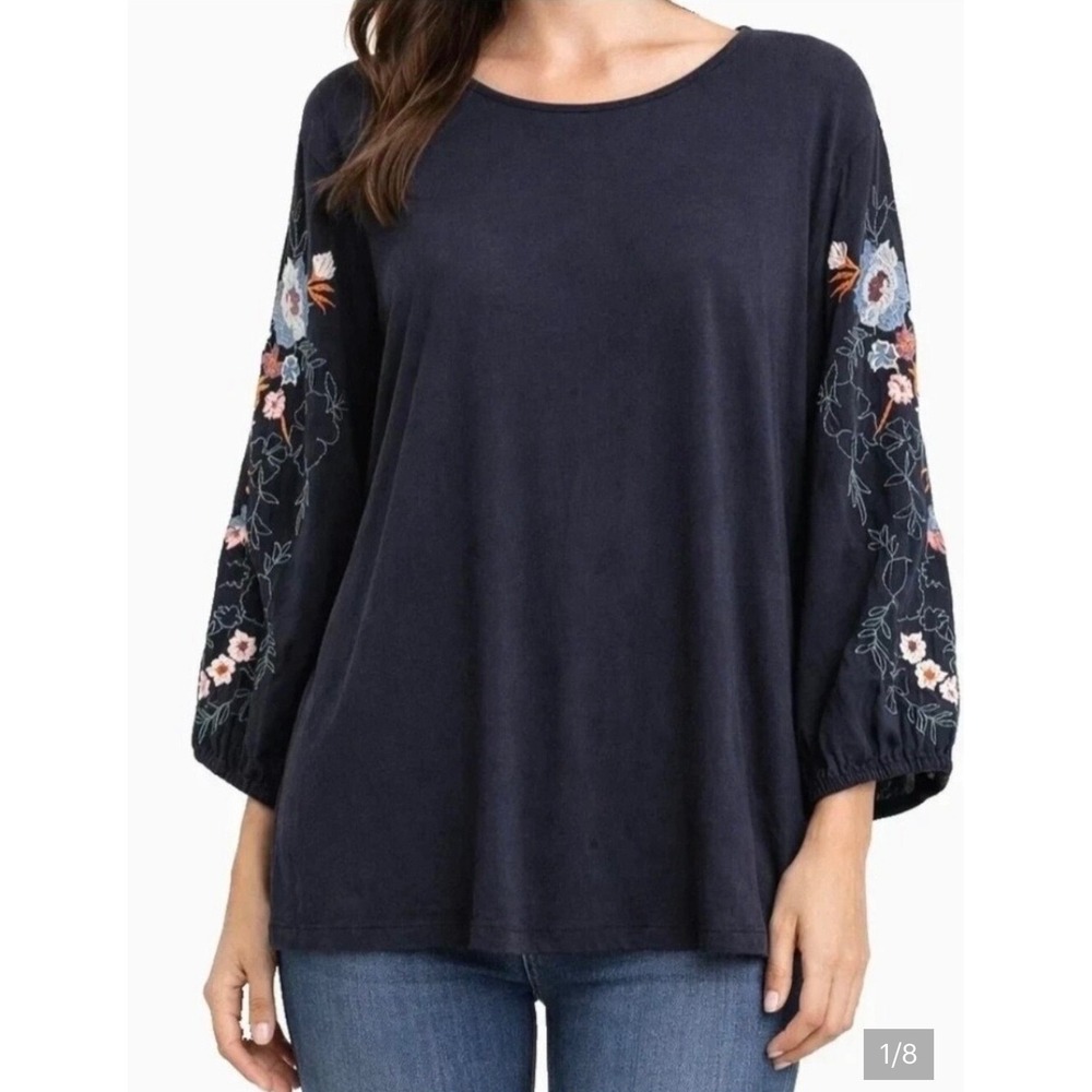 J.Jill Blouse Women Large Petite Navy Blue Good Floral Embroidered 3/4 Sleeve